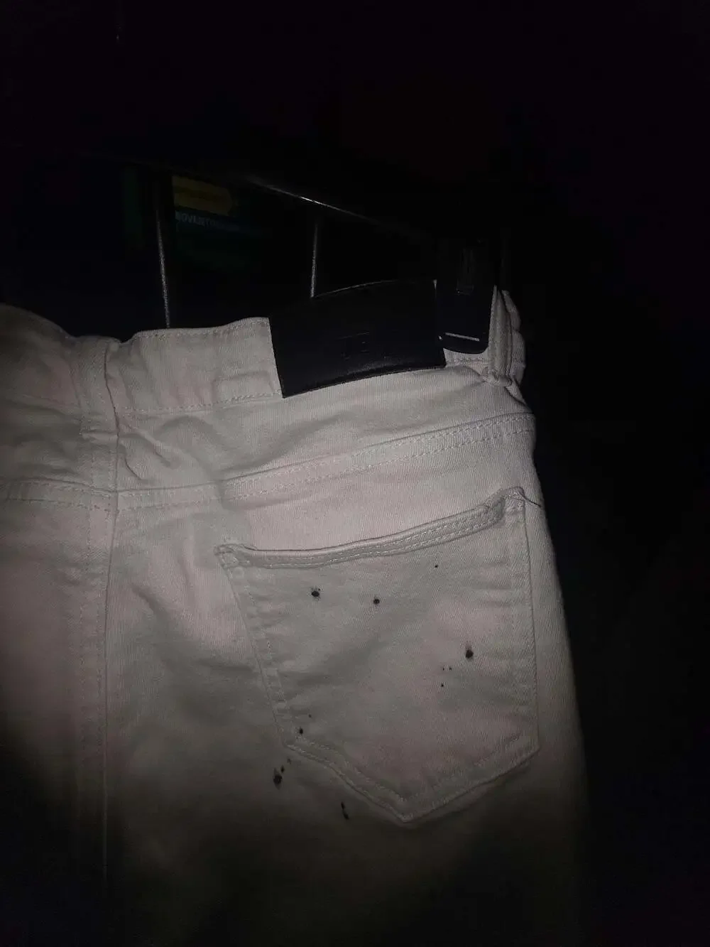 KDNK Brand White Paisley Patched Distressed Paint Splatter Moto Jeans
